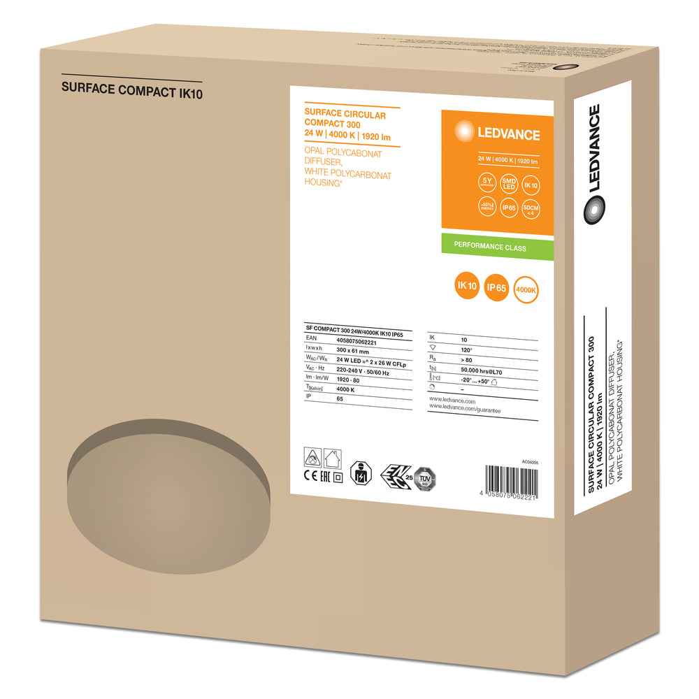 Ledvance Surface LED Compact 24W 4000K IP65 IK10 Plafón y aplique blanco 1920 lúmenes