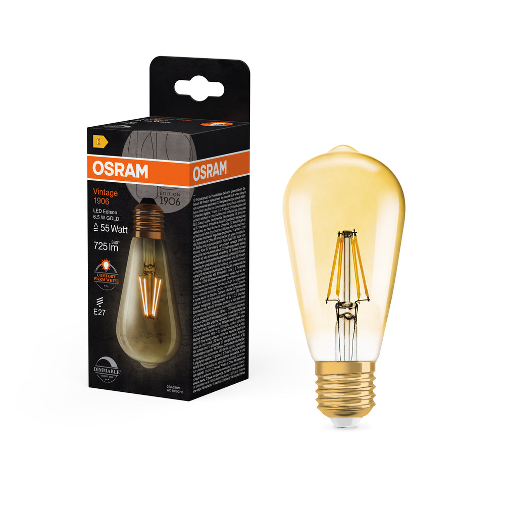 Ledvance Vintage 1906 Bombilla LED Edison E27 6.5W 2400K 725 lúmenes Regulable Vidrio Dorado