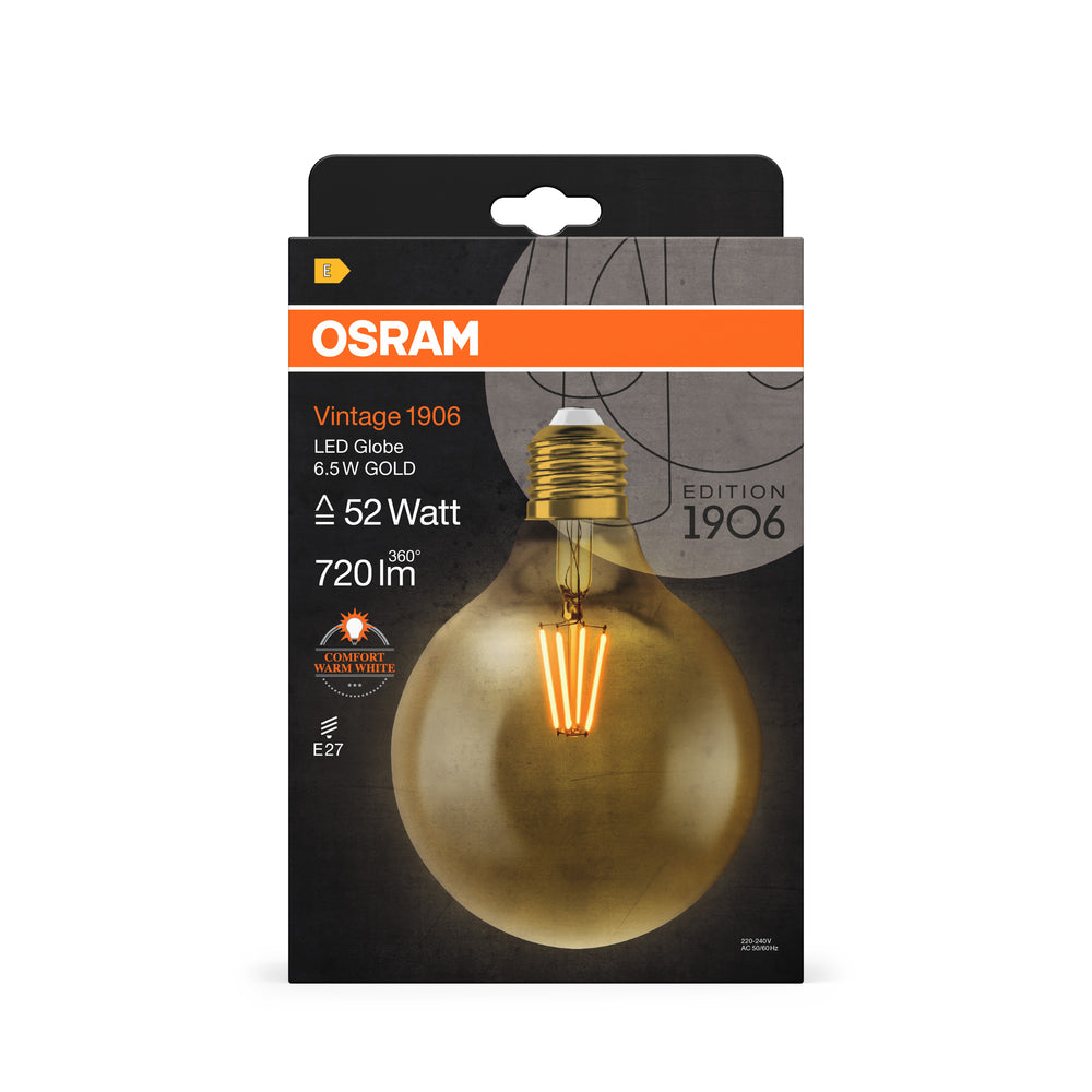 Ledvance Vintage 1906 Globo LED 6.5W E27 2400K Bombilla de Vidrio Dorado 720 lúmenes 220-240V IP20 124mm