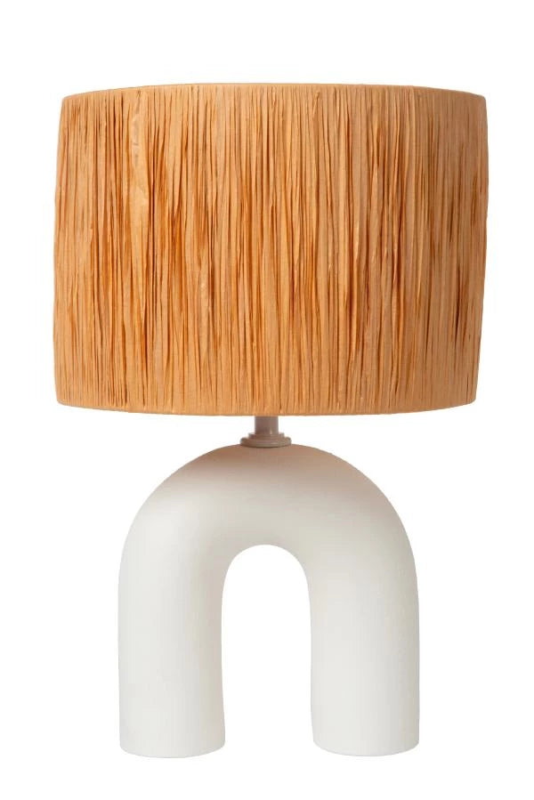 Lámpara de mesa LED Lucide Ronda con casquillo E27, pantalla de ratán, base de cerámica, 28x28x45cm Blanca para uso en interiores