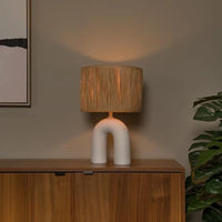 Lámpara de mesa LED Lucide Ronda con casquillo E27, pantalla de ratán, base de cerámica, 28x28x45cm Blanca para uso en interiores