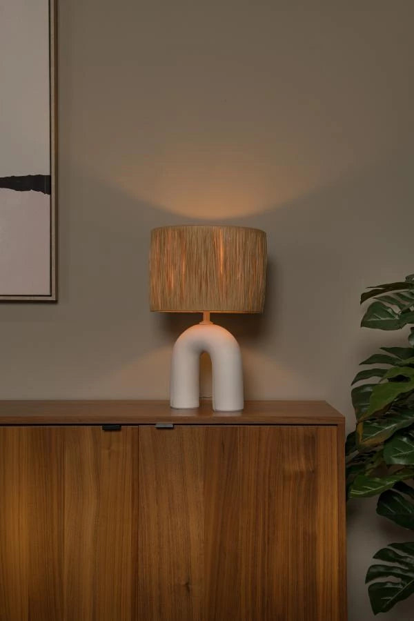 Lámpara de mesa LED Lucide Ronda con casquillo E27, pantalla de ratán, base de cerámica, 28x28x45cm Blanca para uso en interiores
