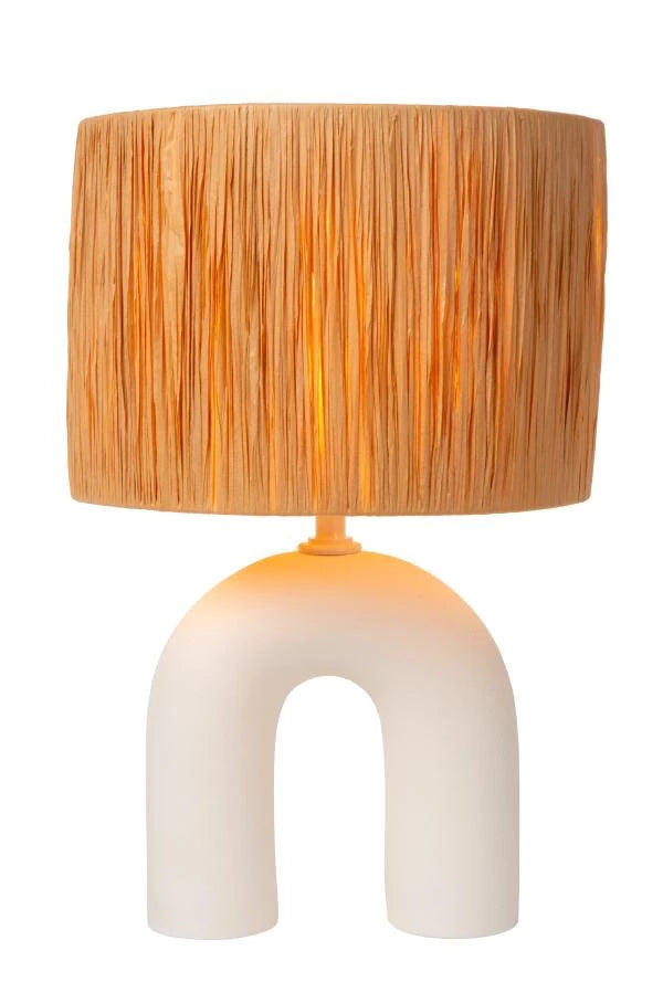 Lámpara de mesa LED Lucide Ronda con casquillo E27, pantalla de ratán, base de cerámica, 28x28x45cm Blanca para uso en interiores