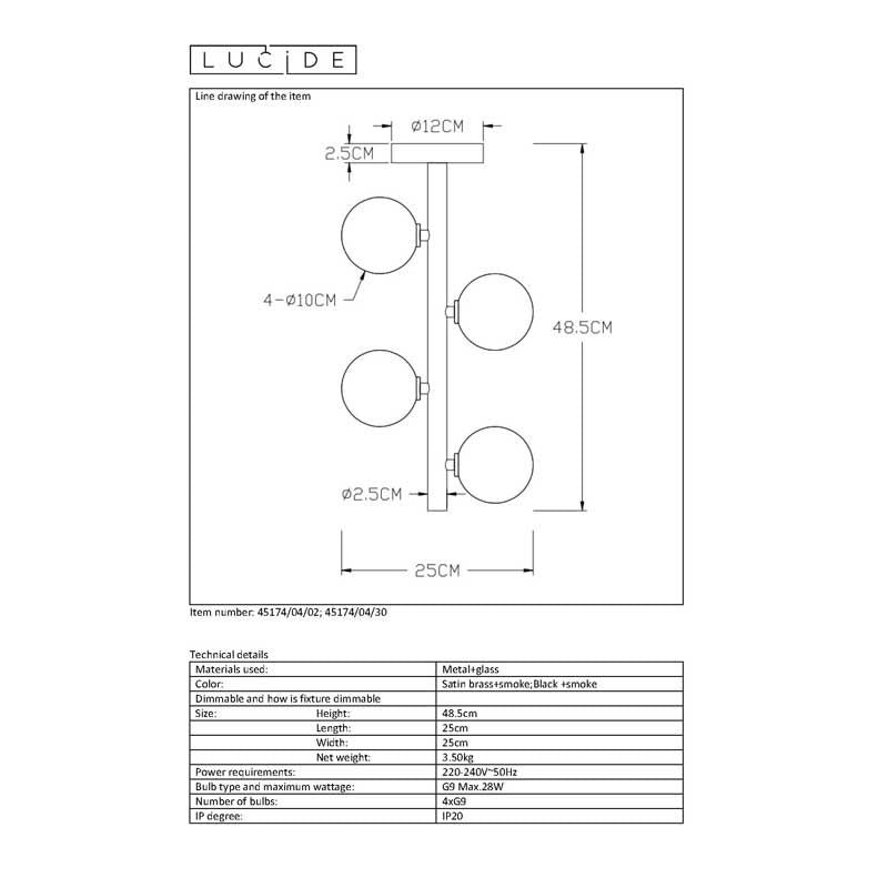 Lucide TYCHO LED ceiling light 4xG9 sockets 220-240V Ø25cm Sand Brass & Black Vintage Design