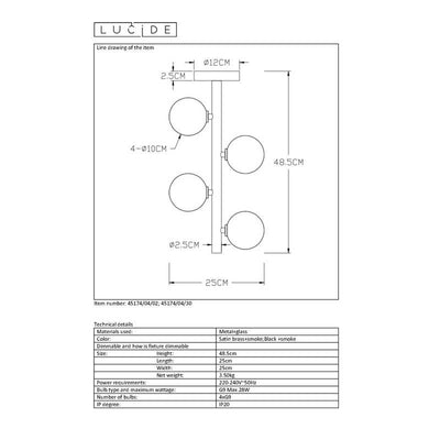 Lucide TYCHO Lámpara de techo LED 4xG9 casquillos 220-240V Ø25cm Latón Arena y Negro Diseño Vintage