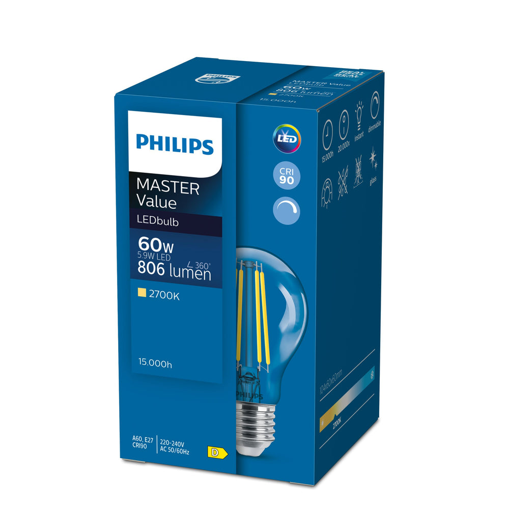 Bombilla LED Philips 5.9W E27 A60 Transparente 2700K Blanco Cálido 806 lúmenes regulable 90CRI 220-240V