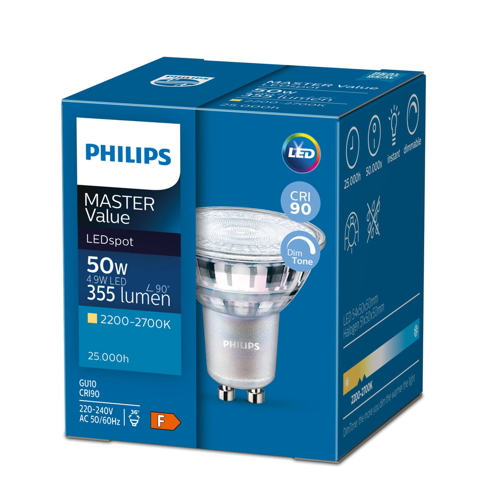 Foco Philips LED GU10 4.9W 3000K 365 lúmenes CRI 90 regulable haz de 36° PAR16