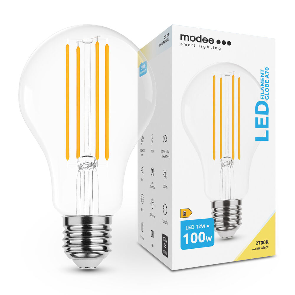 Modee LED Filamento Globo A70 E27 12W 2700K 1521 lúmenes 360° Bombilla de Vidrio IP20 Blanco Cálido