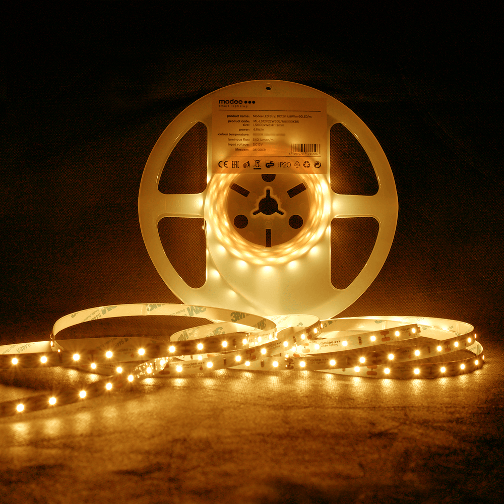 Modee tira LED silicona 12V 4.8W/m 60LED/m 2700K 540 lúmenes/m CRI 90 IP65 8mm rollo 5m