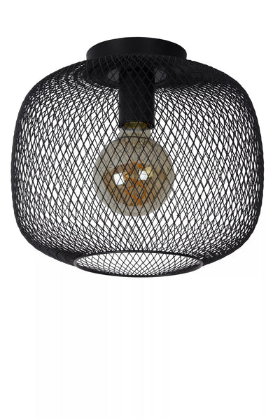 Lucide MESH ceiling light Ø30cm, E27 socket, metal cylinder design, matt black finish, IP20 indoor lighting
