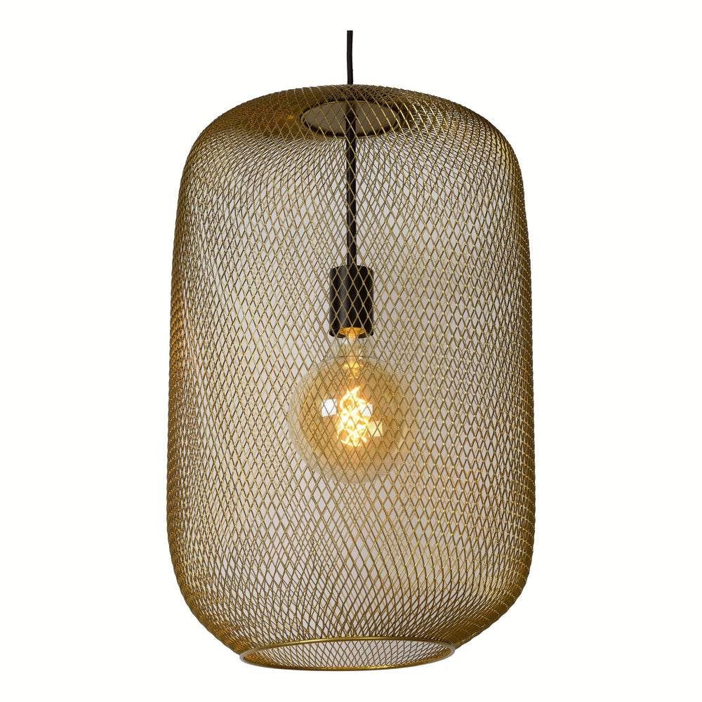 Lámpara colgante Lucide MESH Ø35cm, casquillo E27, metal dorado mate, altura ajustable, diseño cilíndrico vintage