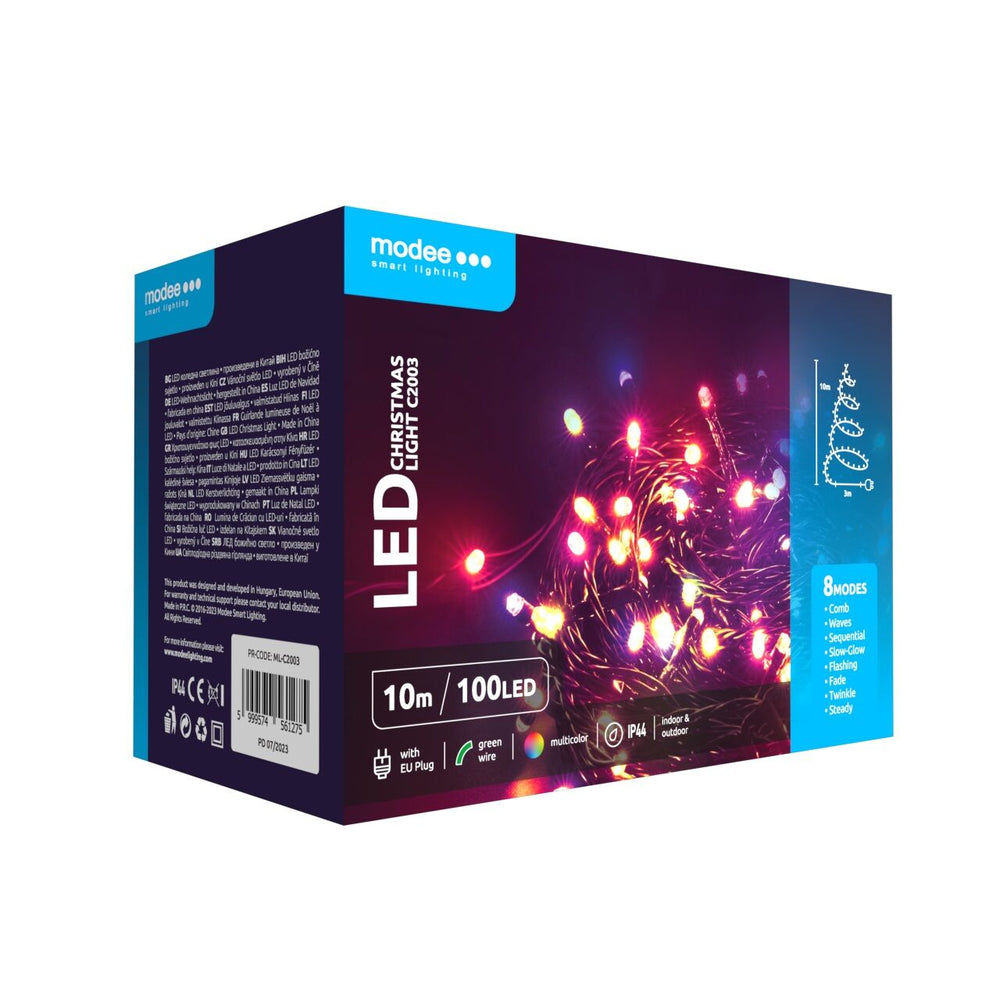 Modee Guirnalda de luces LED de Navidad 10m 100 LEDs multicolor con adaptador IP44 cable verde 8 modos