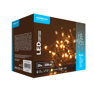 Modee Guirnalda de Luces LED de Navidad 200LED 20m Blanco Cálido con Adaptador IP44 Cable Verde