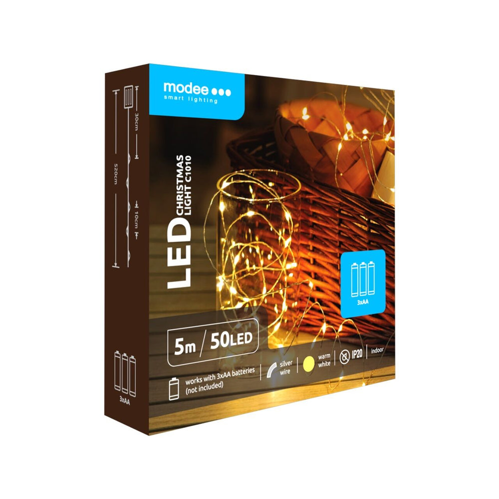 Modee cadena de luces LED de Navidad 5m 50LED 3000K blanco cálido cable de cobre a pilas IP20 para uso en interiores