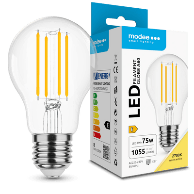 Modee LED Filament A60 Bulb 8W E27 2700K 1055 lumens 360° Non Dimmable Glass Globe