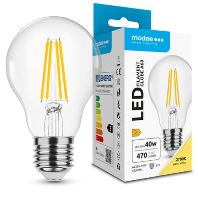 Bombilla de filamento LED Modee A60 4W E27 2700K 470 lúmenes 360° blanco cálido globo de vidrio no regulable IP20