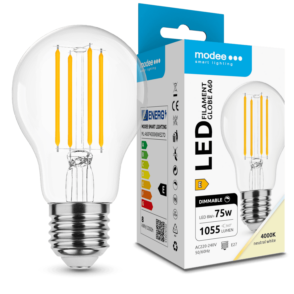 Modee LED Filament Bulb A60 8W E27 4000K 1055 lumens 360° Dimmable Glass IP20