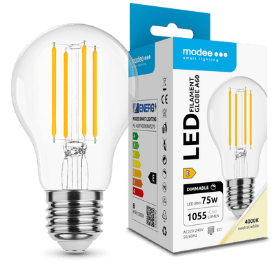 Modee LED Filament Bulb A60 8W E27 4000K 1055 lumens 360° Dimmable Glass IP20