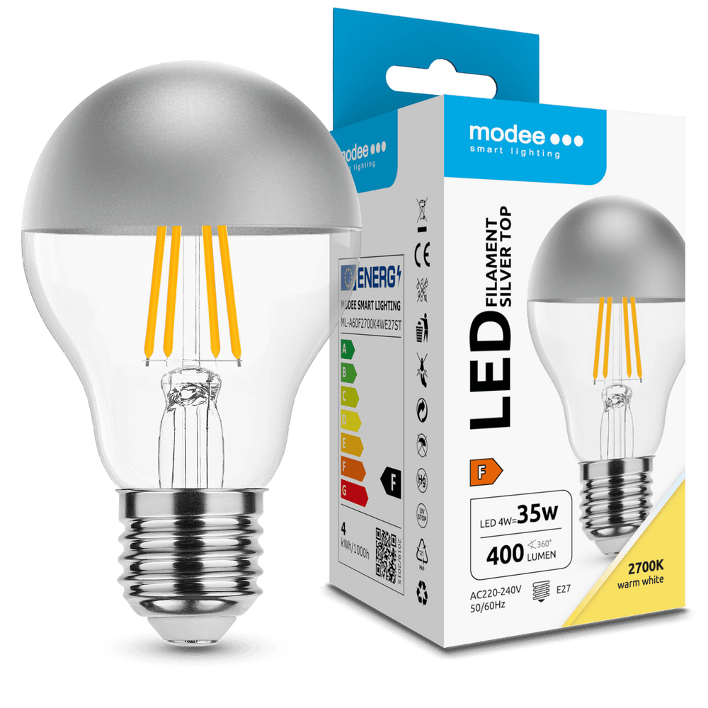 Bombilla de Filamento LED Modee A60 E27 4W 2700K 400 lúmenes 320° Vidrio con Tope Plateado No Regulable