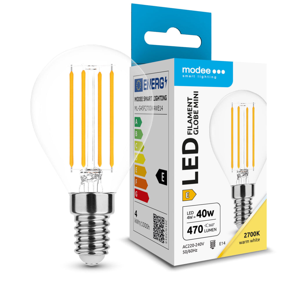 Bombilla Modee LED Filamento G45 Mini Globo 4W E14 2700K 470 lúmenes 360° Vidrio No Regulable