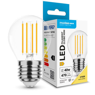 Bombilla de filamento LED Modee G45 mini globo 4W E27 2700K 470 lúmenes 360° vidrio no regulable
