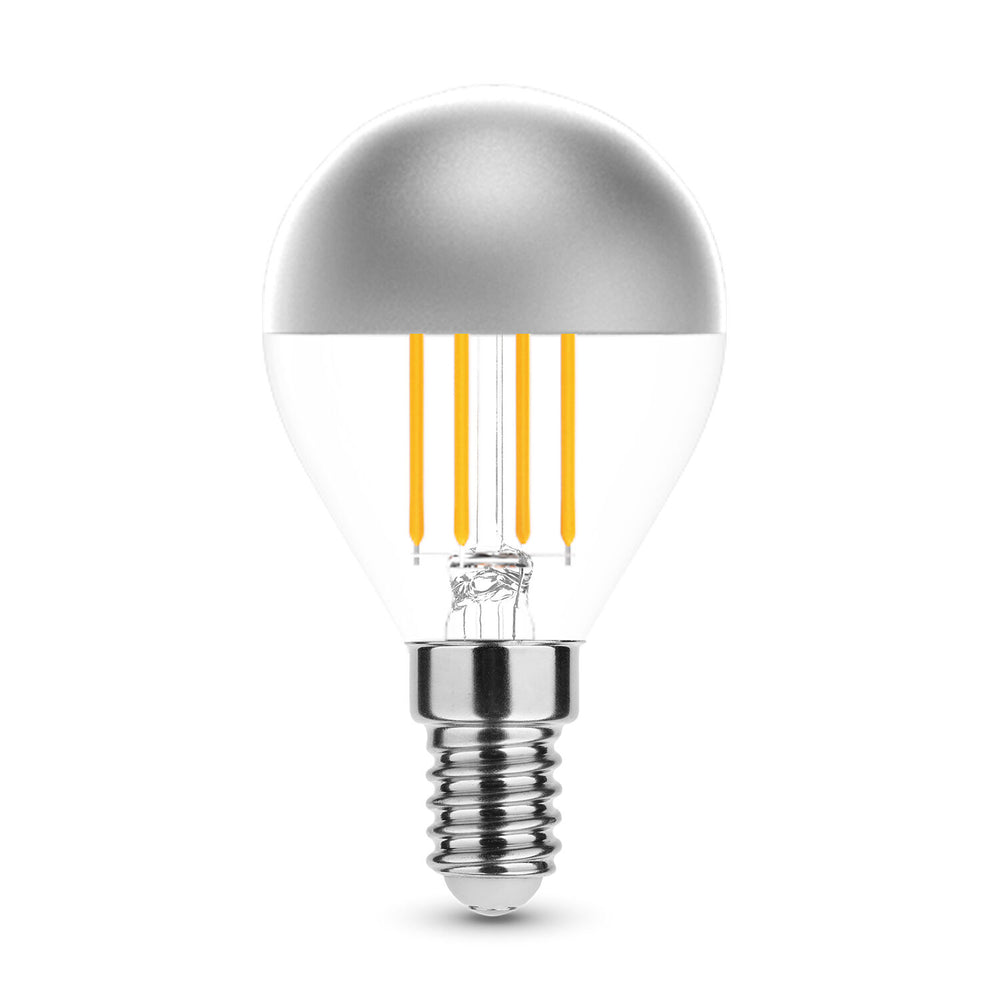 Bombilla de filamento LED Modee G45 Silver Top 4W E14 2700K 400 lúmenes 320° vidrio blanco cálido cromo