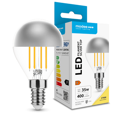 Bombilla de filamento LED Modee G45 Silver Top 4W E14 2700K 400 lúmenes 320° vidrio blanco cálido cromo