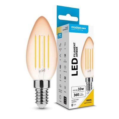 Bombilla LED Filamento Vela Modee C35 4W E14 Ámbar 1800K 360 lúmenes 320° Luz Cálida