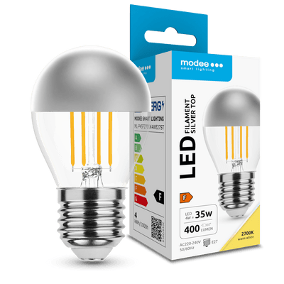 Modee Bombilla LED Filamento G45 Mini Globo 4W E27 2700K 400 lúmenes Tapa Plateada 320° Blanco Cálido