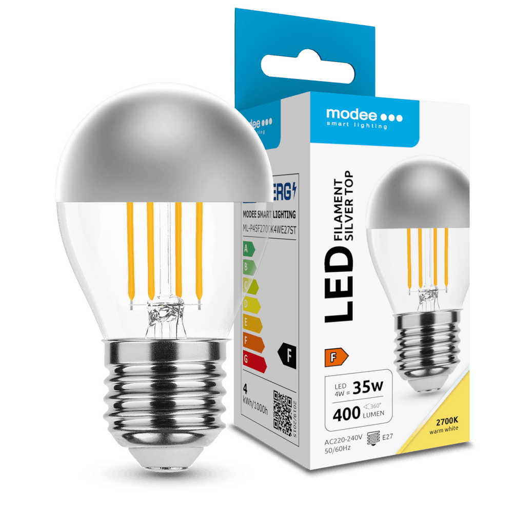 Modee Bombilla LED Filamento G45 Mini Globo 4W E27 2700K 400 lúmenes Tapa Plateada 320° Blanco Cálido