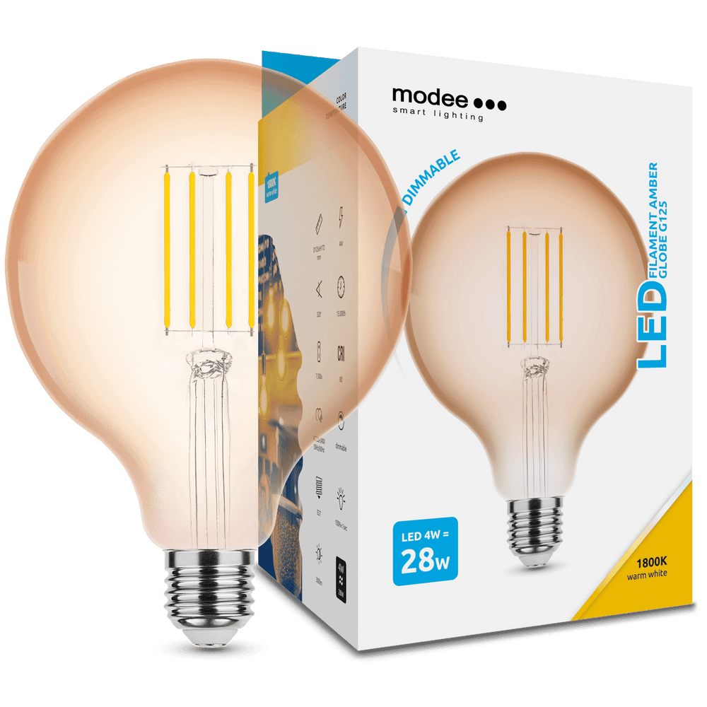 Modee LED Filamento Globo G125 4W E27 Ámbar 1800K 300 lúmenes 320° Regulable IP20