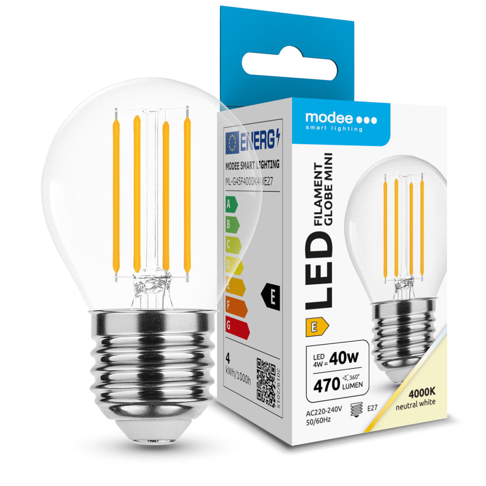 Modee LED Filamento Globo Mini G45 4W E27 4000K 470 lúmenes 360° Bombilla de Vidrio No Regulable IP20