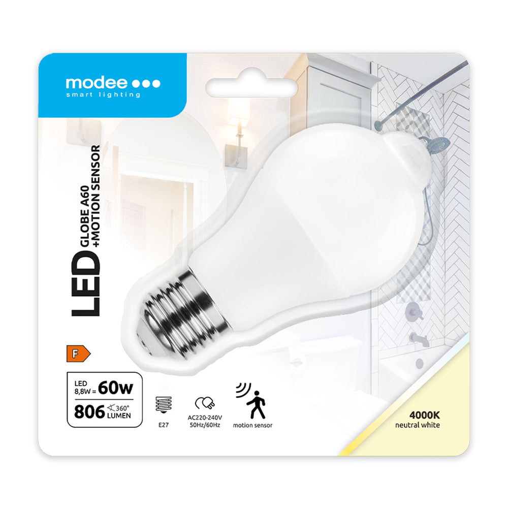 Bombilla Modee LED Smart Globe A60 8.8W E27 4000K 806 lúmenes con sensor PIR haz de 200° IP20