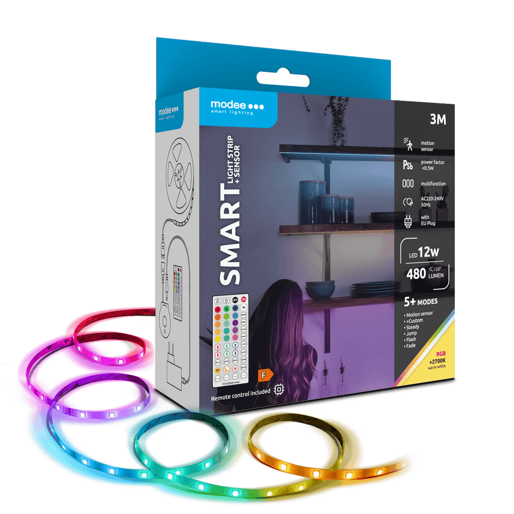 Modee Tira LED Inteligente 12W 3M IP20 con Control Remoto, Sensor, RGB + 2700K 480 lúmenes para iluminación flexible