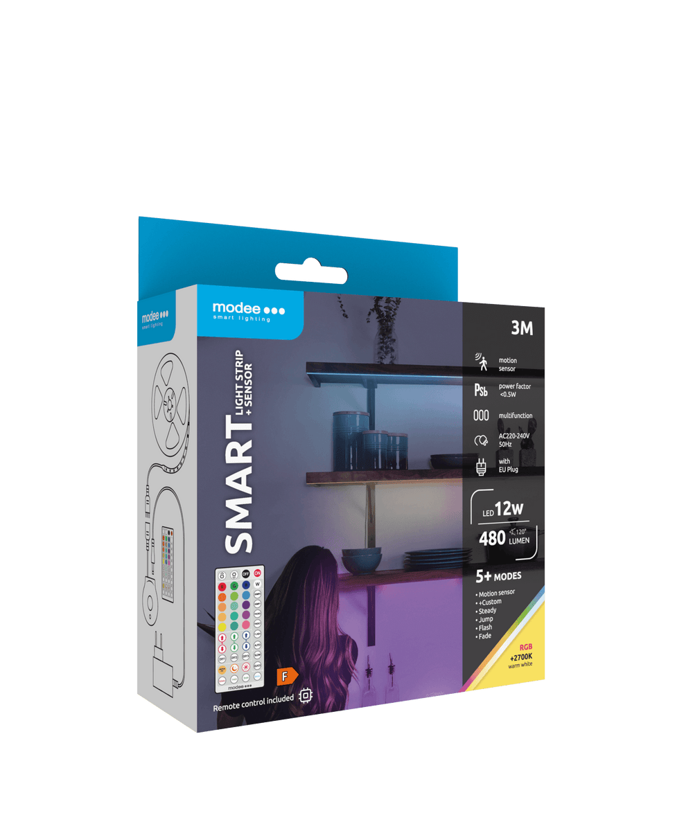 Modee Tira LED Inteligente 12W 3M IP20 con Control Remoto, Sensor, RGB + 2700K 480 lúmenes para iluminación flexible