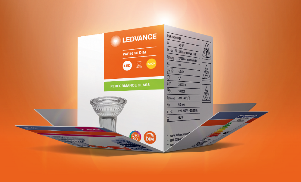 Reflector Spot LED Performance GU10 PAR16 4.5W 350 lúmenes 2700K 36D regulable reemplaza 50W