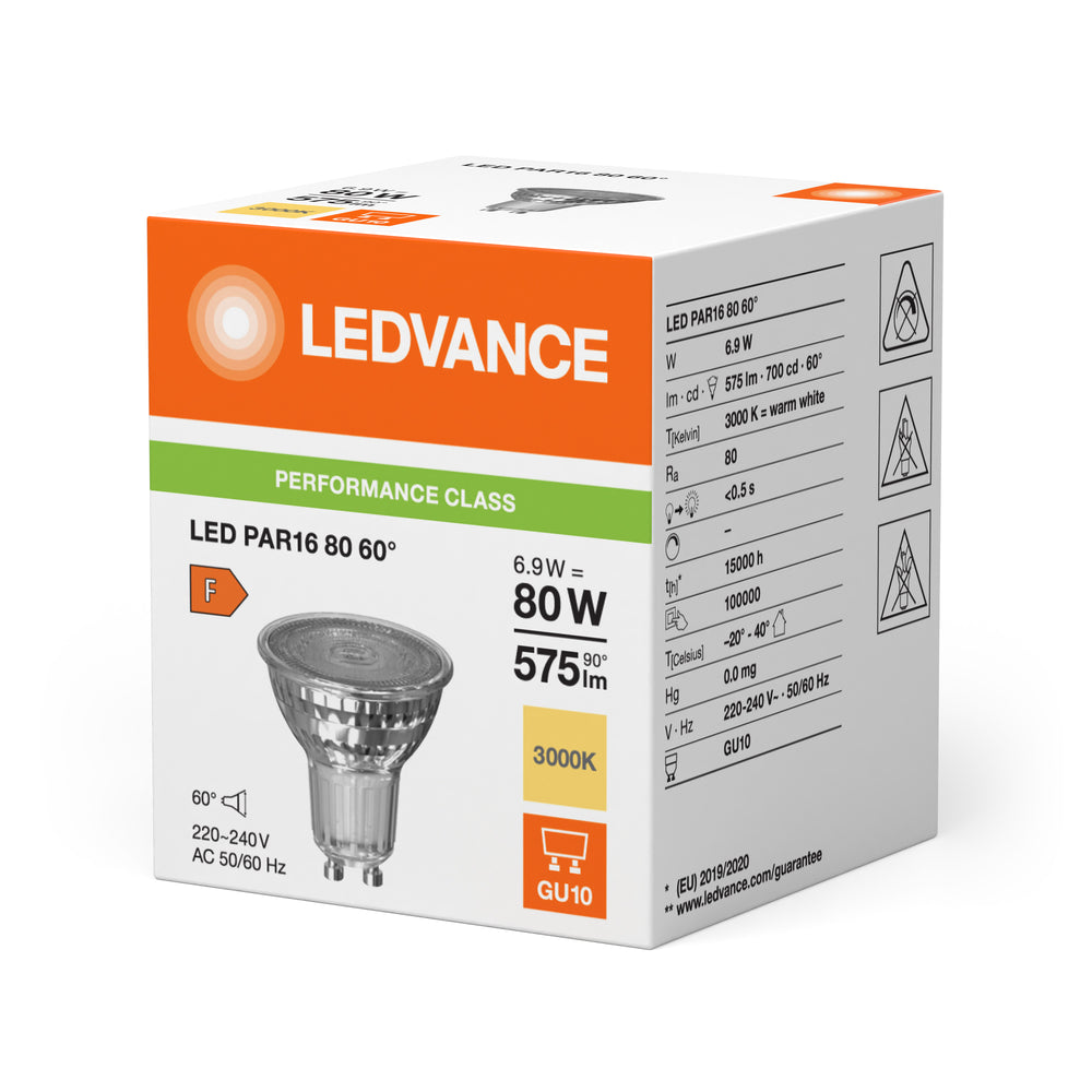 Reflector Spot LED Performance GU10 PAR16 6.9W 575 lúmenes 60D 3000K Blanco Cálido reemplaza 80W