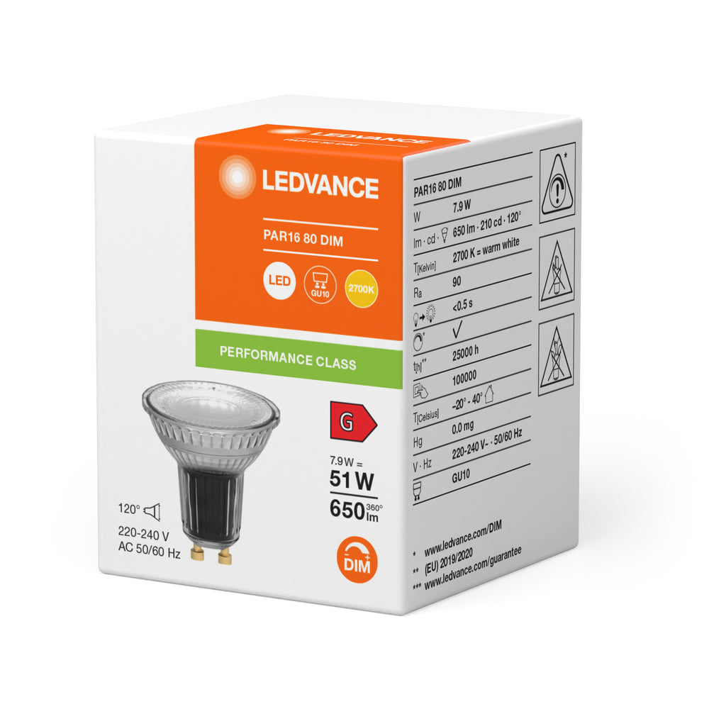 Reflector LED Spot Performance GU10 PAR16 7.9W 2700K 650 lúmenes 120D regulable alto CRI reemplaza 51W