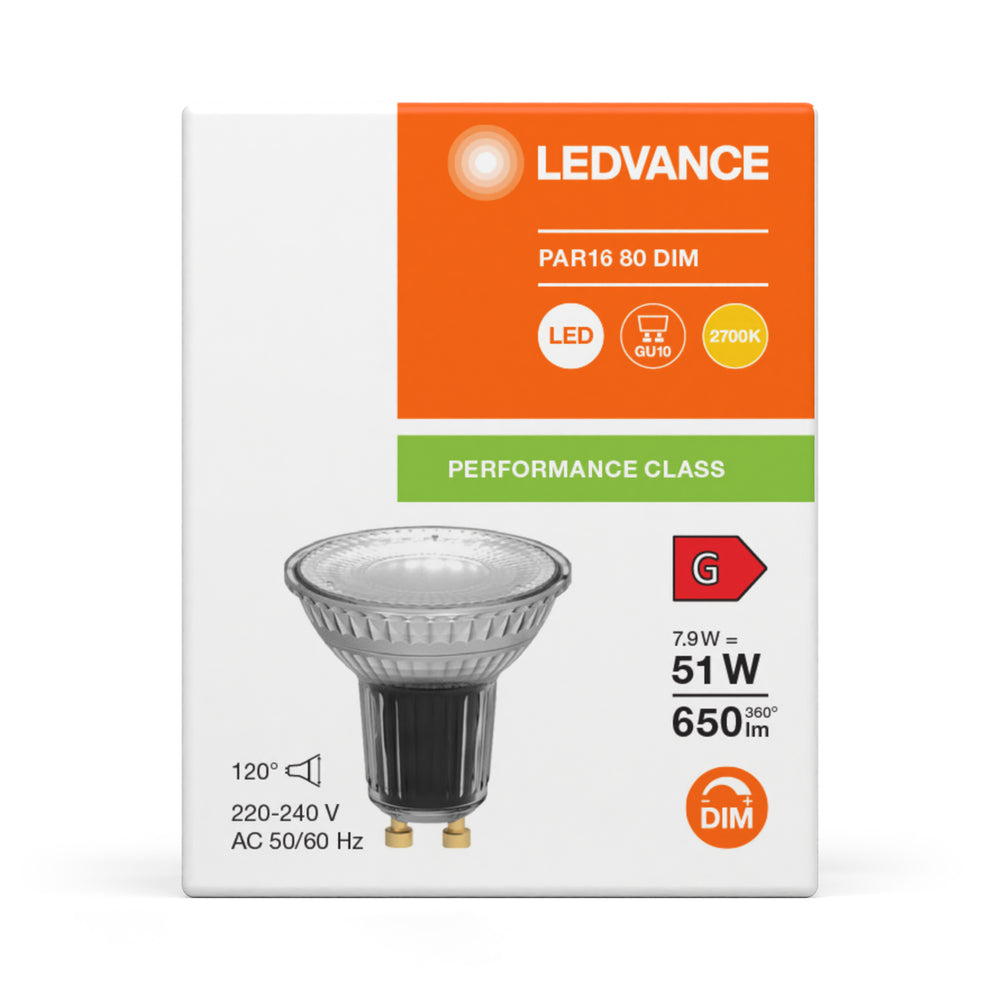 Performance LED Spot Reflector GU10 PAR16 7.9W 2700K 650 lumens 120D dimmable high CRI replaces 51W