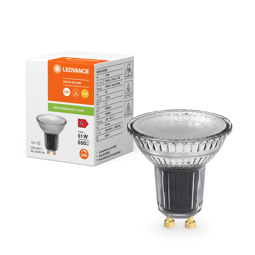 Reflector LED Spot Performance GU10 PAR16 7.9W 2700K 650 lúmenes 120D regulable alto CRI reemplaza 51W