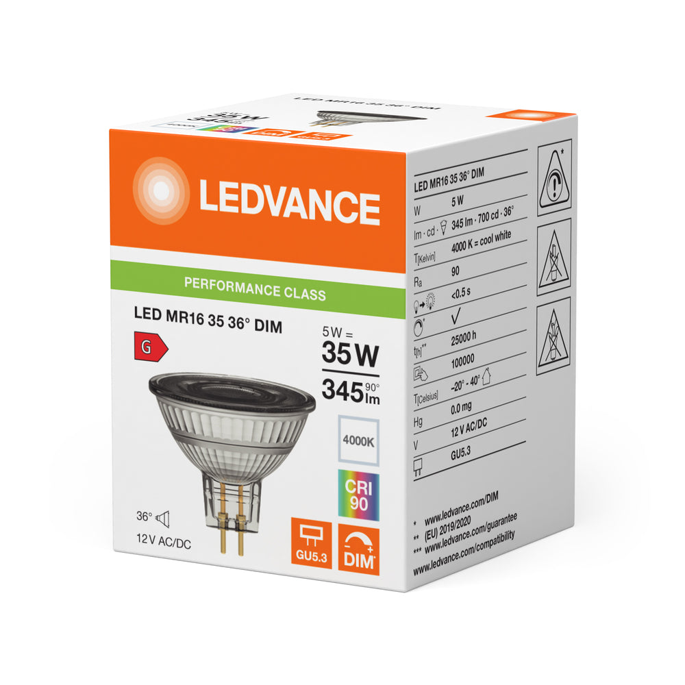 Reflector Spot LED Performance GU5.3 MR16 5W 345 lúmenes 36D 4000K Blanco Frío regulable reemplaza 35W