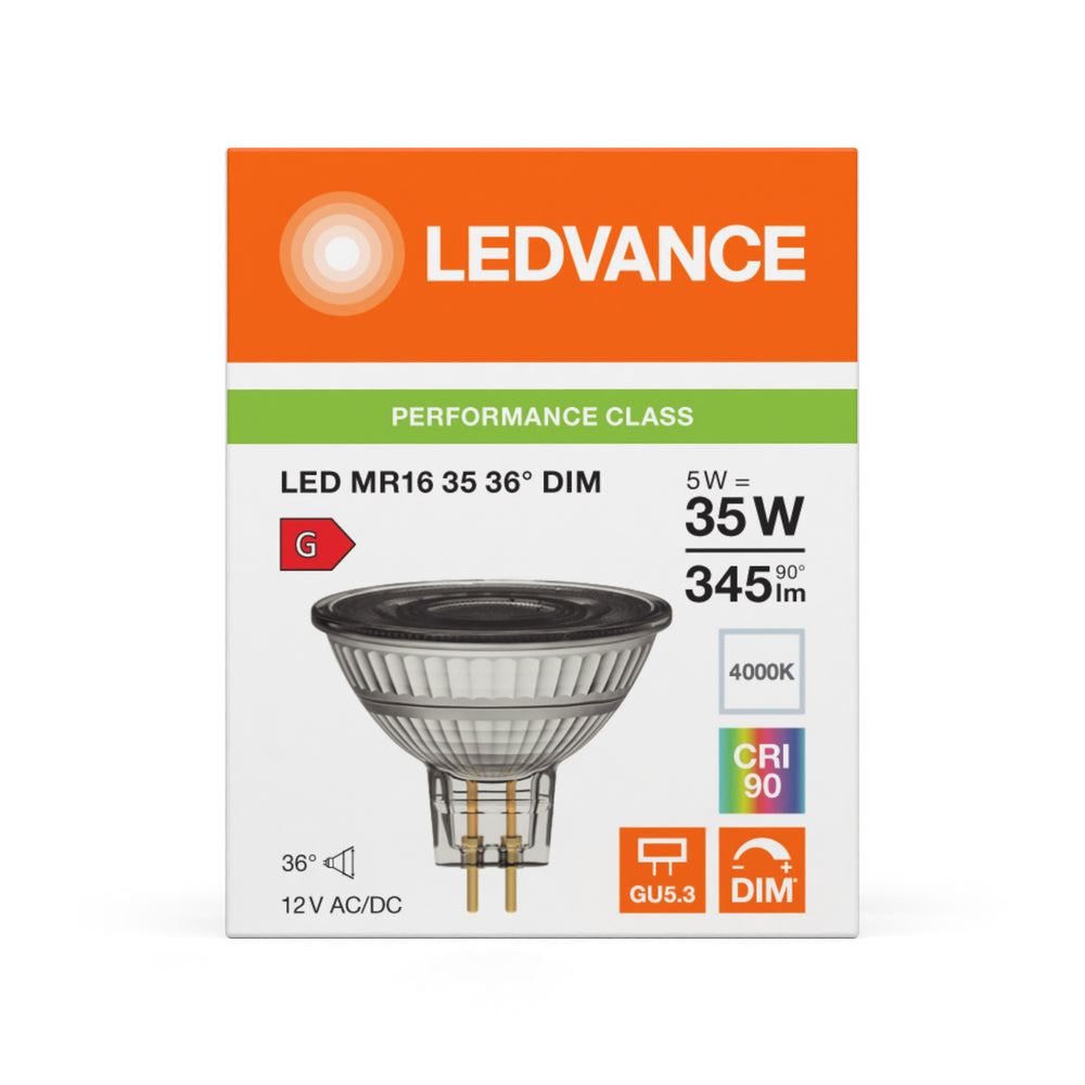 Reflector Spot LED Performance GU5.3 MR16 5W 345 lúmenes 36D 4000K Blanco Frío regulable reemplaza 35W