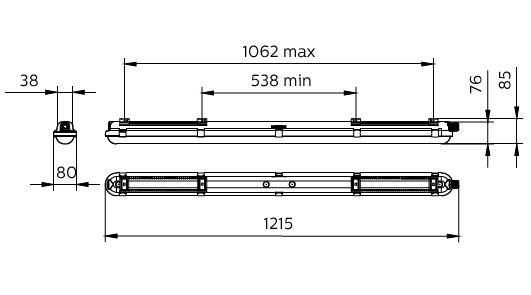 Philips CoreLine WT120C G2 luz LED estanca, 30.5W 4000K 4000 lúmenes, regulable DALI, IP65 IK08, 1215mm Gris