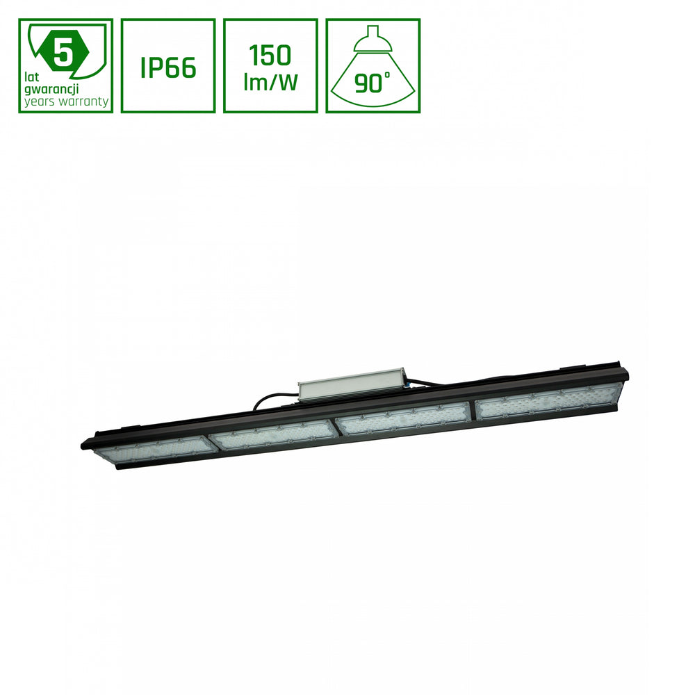 Lámpara colgante LED Spectrum Halls Line 200W negro, 4000K, 30000 lúmenes, regulable, IP66, ángulo de 90°, iluminación industrial