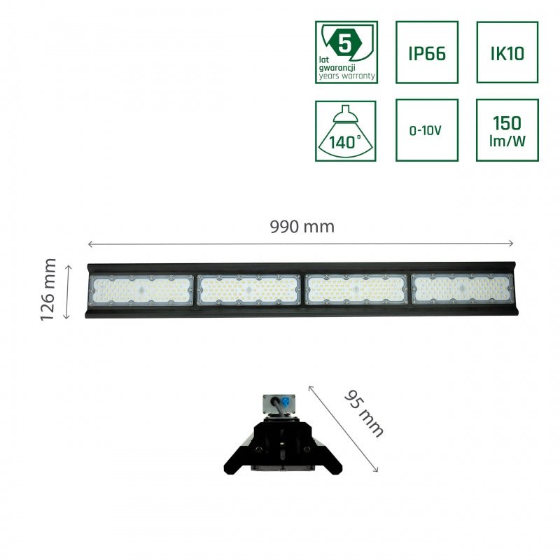 Lámpara colgante LED Spectrum Halls Line 200W negro, 4000K, 30000 lúmenes, regulable, IP66, ángulo de 90°, iluminación industrial