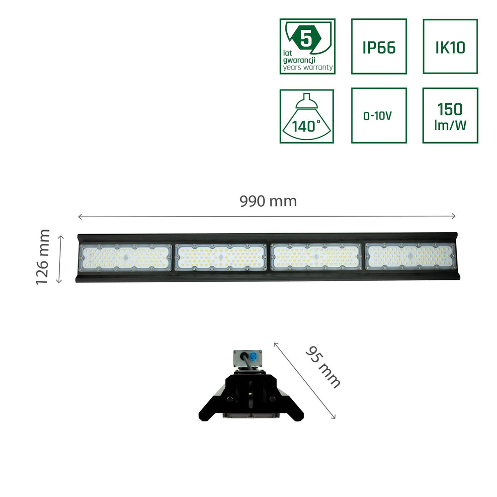 Lámpara colgante LED Spectrum Halls Line 200W negro, 4000K, 30000 lúmenes, regulable, IP66, ángulo de 90°, iluminación industrial