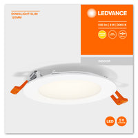 Slim LED Downlight 8W 550 lumens 3000K Warm White 110° Recessed Round Cut-Out 105mm White Finish
