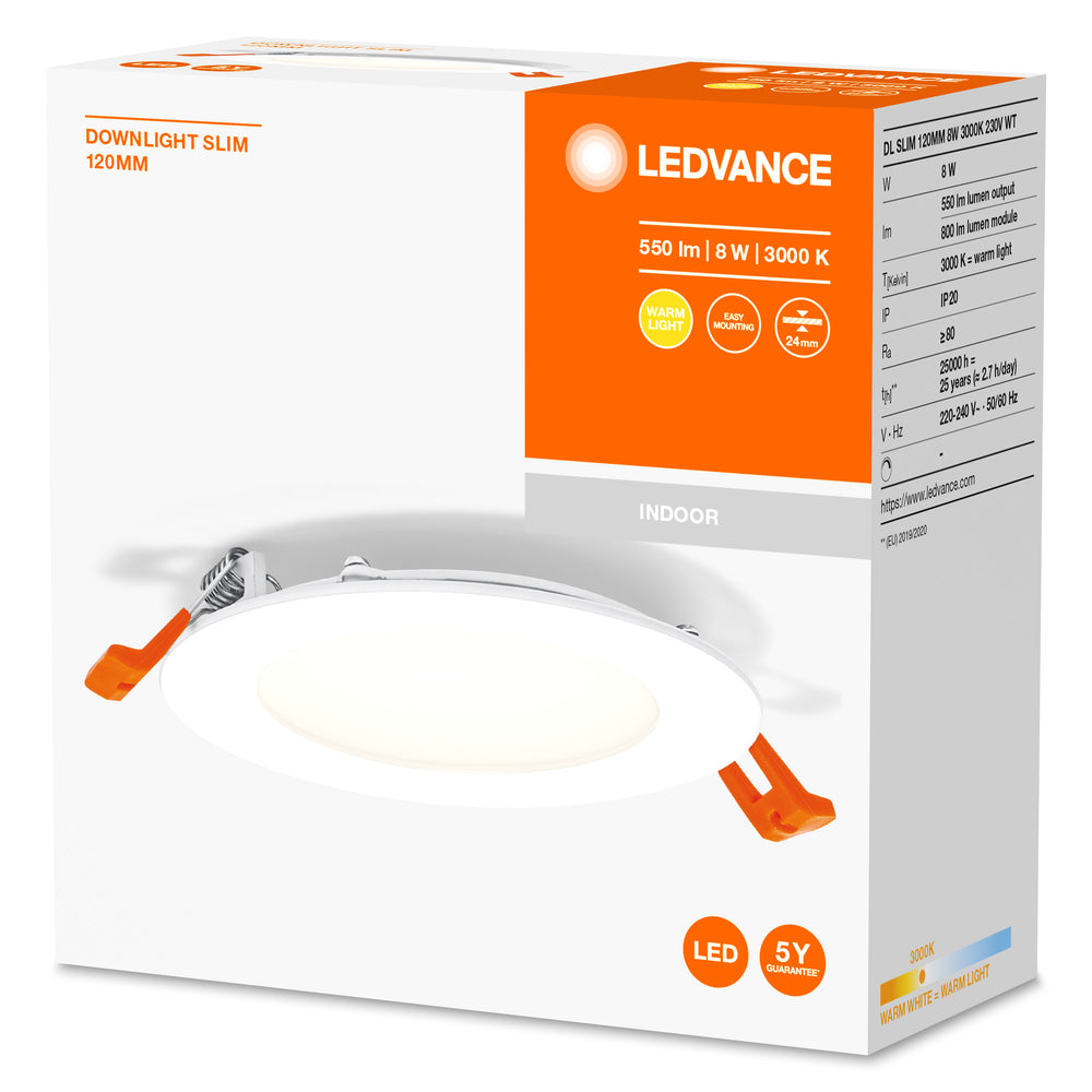 Downlight LED Slim 8W 550 lúmenes 3000K Blanco Cálido 110° Empotrado Redondo Corte 105mm Acabado Blanco