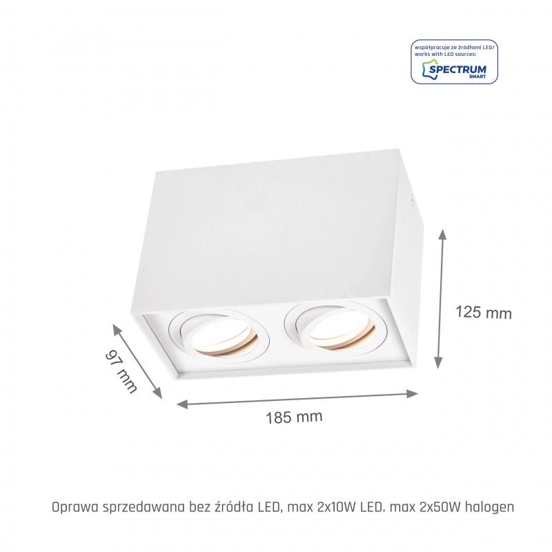 Foco ajustable GU10 rectangular blanco de Spectrum, IP20 interior, carcasa de aluminio, 250V, 17000h de vida útil