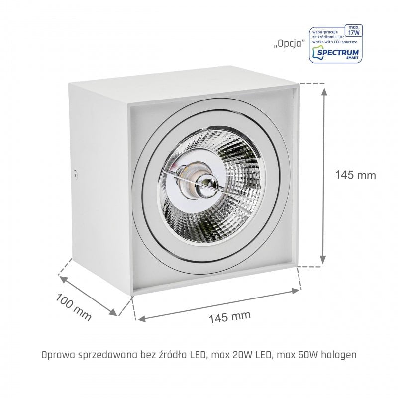 Spectrum CHLOE AR111 GU10 foco LED cuadrado, IP20, blanco, carcasa de aluminio, 250V, uso interior, larga duración